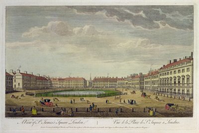 セントジェームズスクエアの眺め、ロンドン、1753年（手描きの彫刻） 作： Thomas Bowles